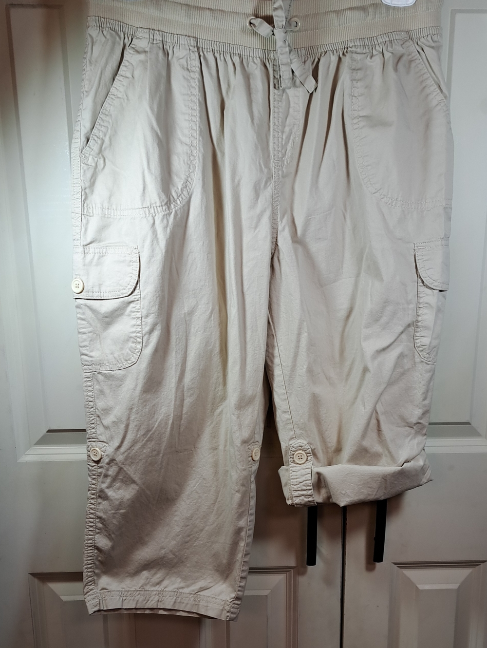 Woman Within Cream Cargo Capris with Drawstring Waist